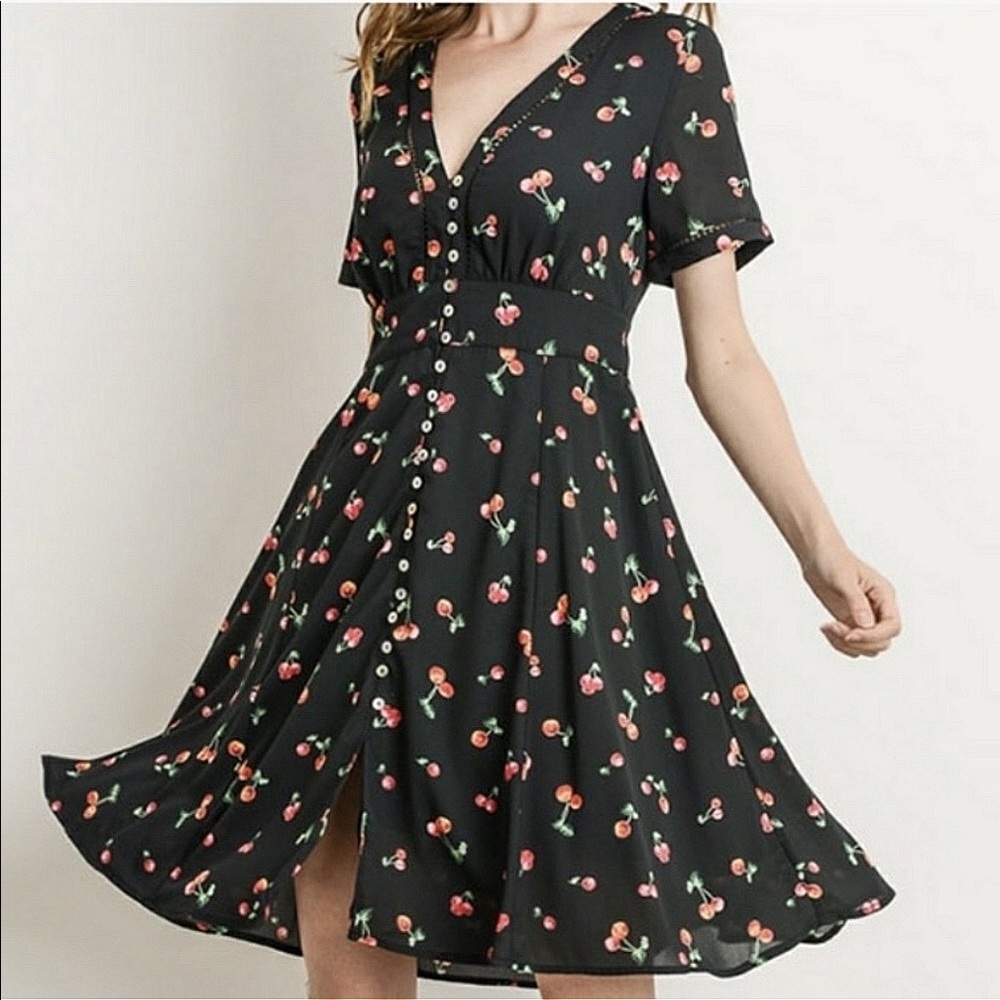 Retro Cherry Print Front Button Dress